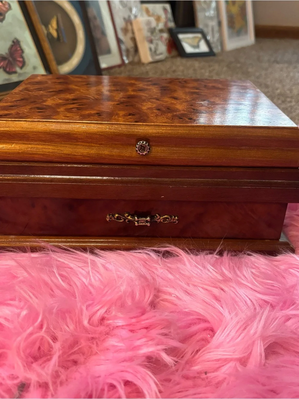 Vintage Powell Burl Wood Jewelry Box Mirror Drawer Necklace Hooks Taiwan